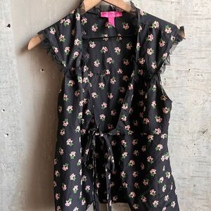 Betsey Johnson Black Floral Slip Dress with Pink & Green Buds